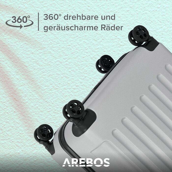 Набір валіз Arebos 3шт. з ABS-пластику | Чемодан на колесах з телескопічною ручкою | З замком-блискавкою, 360° колеса | Розміри M, L, XL | Срібний