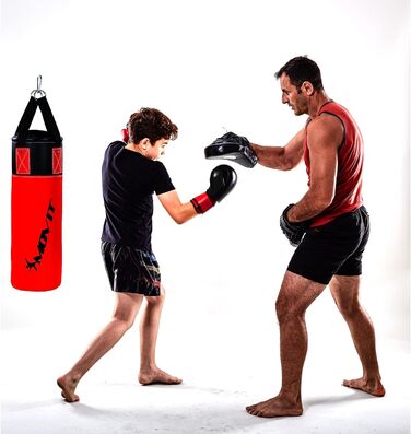 Набір боксерських груш MOVIT 5,5 кг, наповнений, в т.ч. боксерська груша, (висота 60 см x діаметр 20 см), боксерські рукавички 8 унцій, боксерські бинти та сумка, для дітей та підлітків, боксерські коробки, червоні або сині червоно-чорні