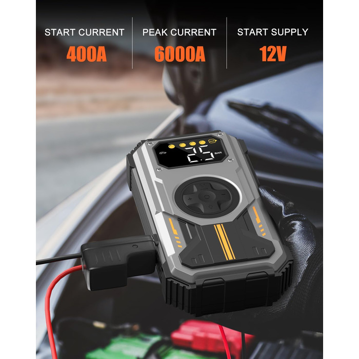 Powerbank для автомобіля Starthilfe: 6000A, 12V, компресор 150 PSI, LED, LCD, для бензинових та дизельних двигунів (до 7.5L/6L), сріблястий