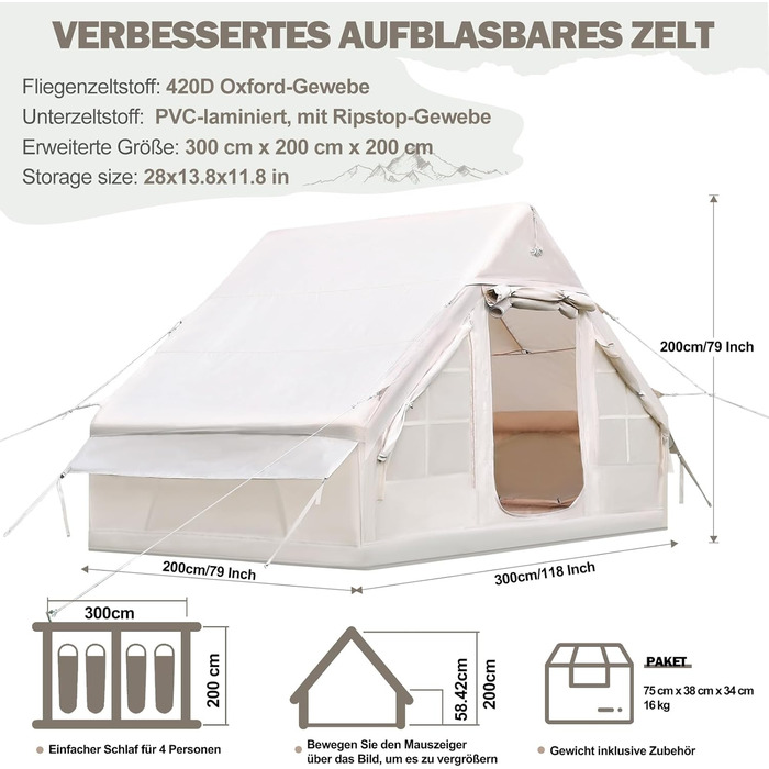 Надувний кемпінговий намет 4-5 осіб Oxford 420D, водонепроникний 3000мм, з насосом та вікнами, для 4 сезонів, 300x200x200 см
