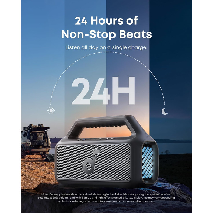 Soundcore Boom 2 - Портативна Bluetooth-колонка, 80W, сабвуфер, BassUp 2.0, 24 години, IPX7, LED, USB-C, BT 5.3, Чорна