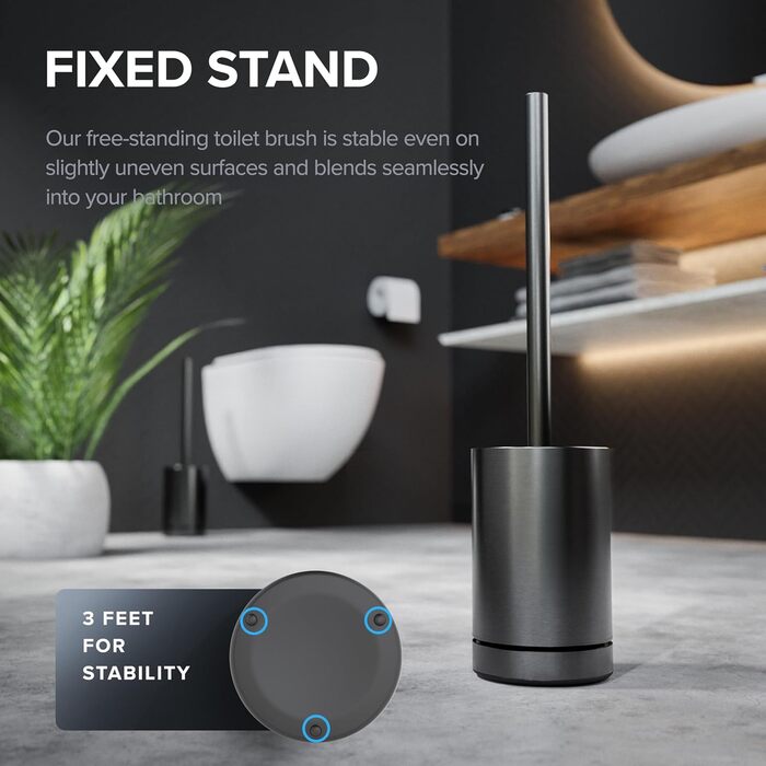 Торцева щітка для унітазу ROMO | Силіконова щітка для унітазу | З вентиляцією | Свободно стояча | Замінний WC-головка з нержавіючої сталі | Знімна підставка для крапель | Торцева щітка без кріплення до стіни (Без бачка, Gunmetal)