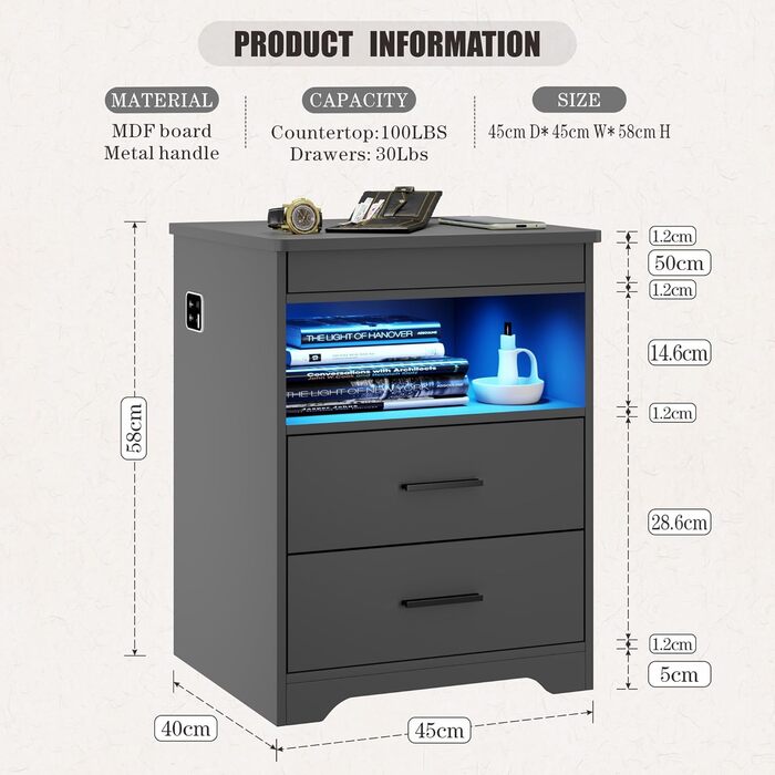 Нічний столик FREDEES з LED-підсвічуванням, ящиком та бездроговою зарядкою, сірий (2 кольори)