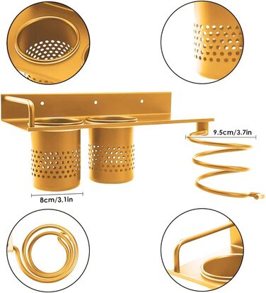 Тримач фена без свердління, тримач фена настінне кріплення, тримач для випрямляча, 2 відділення, тримач для кабелю, золото