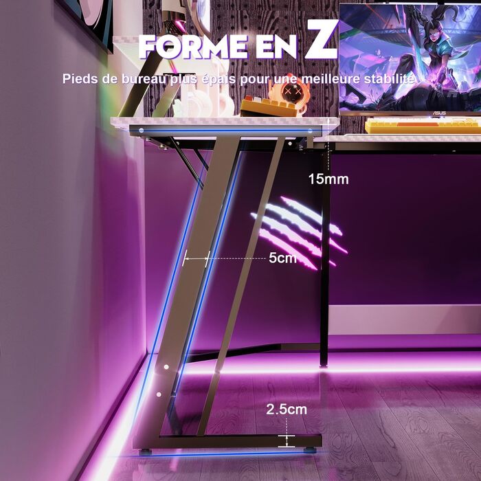 Ігровий кутовий стіл Devoko 130x130 см з LED RGB-підсвіткою, підставкою для монітора та гачком для навушників, карбоновий білий