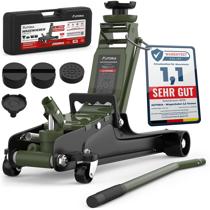 Гідравлічний домкрат Wagenheber 2.5T низькопрофільний для легкових авто та авто з низькою посадкою, зелений оливковий, до 2500 кг, з кейсом та 3 гумовими накладками