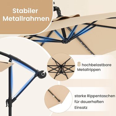 Парасолька від сонця COSTWAY 300 см з підставкою та LED-підсвіткою, бежева — садова парасолька-ампел з ручкою-коробкою та UV-захистом для тераси, басейну та двору