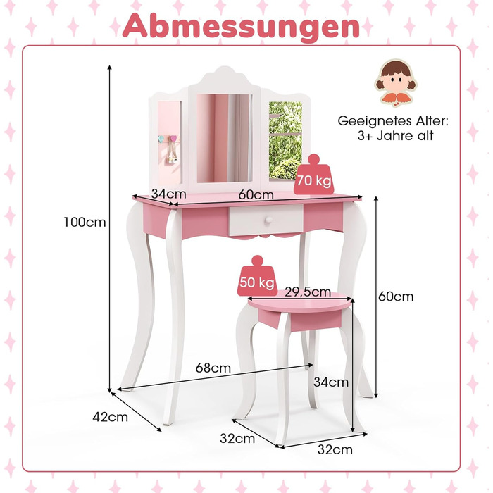 Дитячий туалетний столик COSTWAY 2 в 1 з табуреткою, знімним дзеркалом і ящиком, 68x42x100см, рожевийбілий