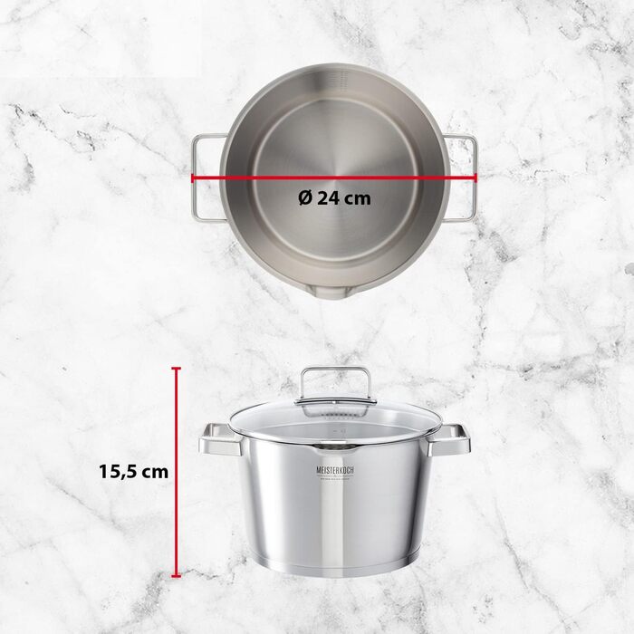 Каструля Meisterkoch з нержавіючої сталі 16 см Ø | з виливом, мірною шкалою та ізольованою ручкою | 1 скляна кришка з дрібним та великим ситом | посуд з нержавіючої сталі, підходить для індукційних плит (24 см)