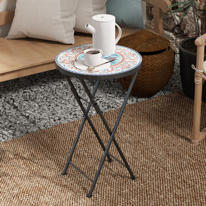 Outsunny Side Table Складаний садовий стіл з мозаїчним дизайном, Ø35.5 x 55 см Круглий атмосферостійкий металевий балконний стіл, Кемпінговий стіл Розкладний стіл Журнальний столик для вітальні, офіс, Відкритий Внутрішній, Багатокольоровий