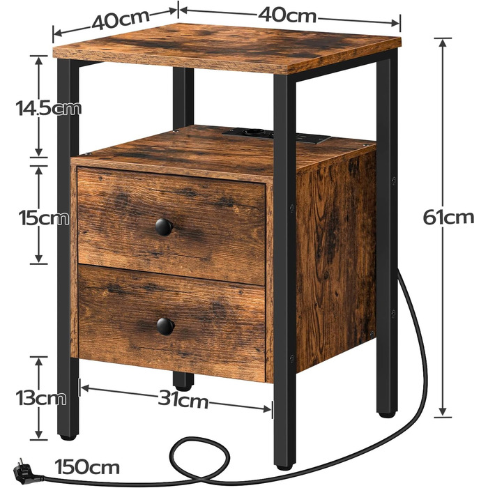 Тумбочка HOOBRO із зарядною станцією, 2 ящики, порти USB, 40x40x6 см, вінтажний темно-коричневий/чорний