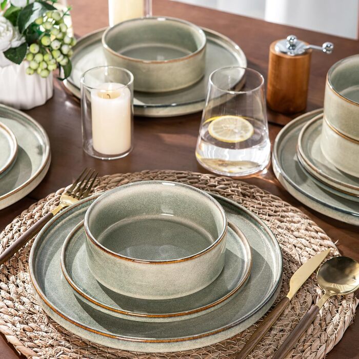 Набір посуду GBHOME 12 шт. з реактивної глазурі (12 шт.) - Тарілки та миски, чорно-оливковий, стійкий до сколів, для миття в посудомийній машині та використання в мікрохвильовці