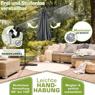 Прямокутна алюмінієва сонячна парасолька tillvex® 330 см з LED-підсвіткою, ручкою та чохлом, антрацит — підвісна садова парасолька з захистом від UV та вітру