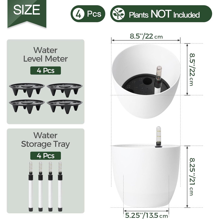 Набір горщиків для квітів T4U 15см з автополивом та індикатором рівня води, 4 шт. (білий, 22*21см)