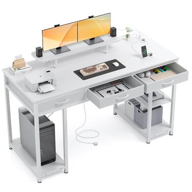 Комп'ютерний стіл Claiks з 3 висувними ящиками, полицею, 2 розетками та 2 USB-портами для зарядки, білий (140 x 60 см)