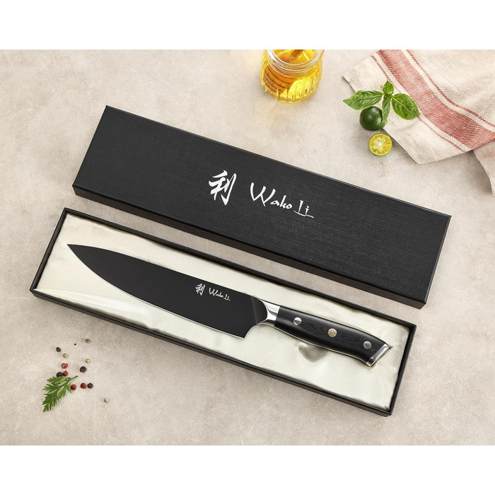 Набір кухонних ножів Wakoli Titanium Noir (5 предметів) з бруском - професійний набір кухонних ножів з титановим покриттям, нержавіюча сталь, чорне покриття, магнітний брусок, шеф-ніж