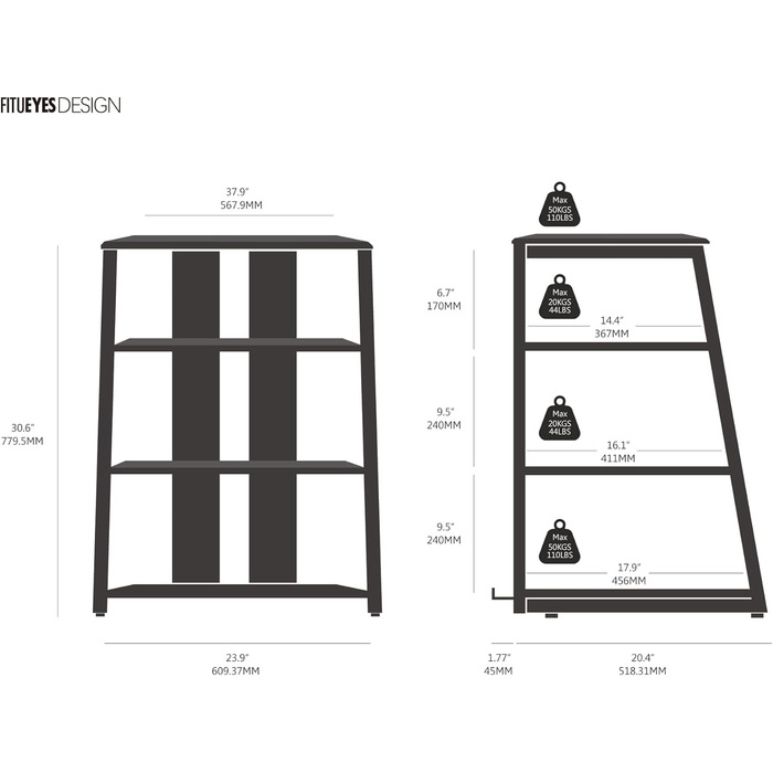 Стійка FITUEYES HiFi Wood & Steel, Поворотний стіл з регульованими полицями, 652x78 см Чорний