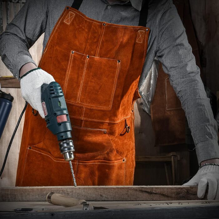 Шкіряний фартух для зварювальника LeaSeek – термостійкий та вогнестійкий, з 6 кишенями, великий розмір (M-XXXL), 61x91 см + шкіряні рукавички