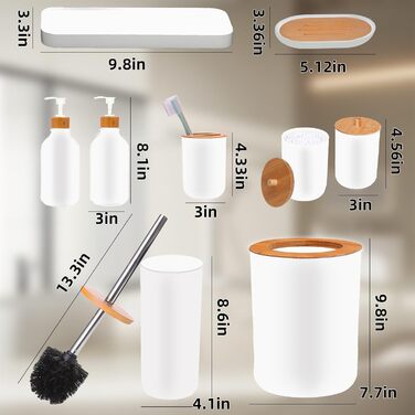 Набір аксесуарів для ванної кімнати, 9 шт. з бамбука: сміттєвий бак, дозатор мила, тримач для зубних щіток, щітка для унітазу, контейнер для ватних паличок, мильниця (білий мат)
