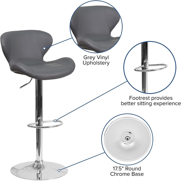 Барний стілець Flash Furniture Denville з тканини, регульований по висоті, з вигнутою спинкою та хромованою основою, 2 шт. (Сірий вініл)