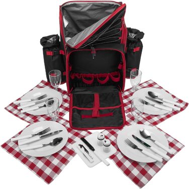 Рюкзак для пікніка Andora на 4 особи з інтегрованою сумкою-холодильником, зелений, з аксесуарами (чорно-білий у горошок)