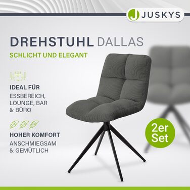 Поворотний стілець Juskys Dallas Набір з 2 - поворотні обідні стільці, тканинний чохол, до 120 кг, вельвет, світло-сірий