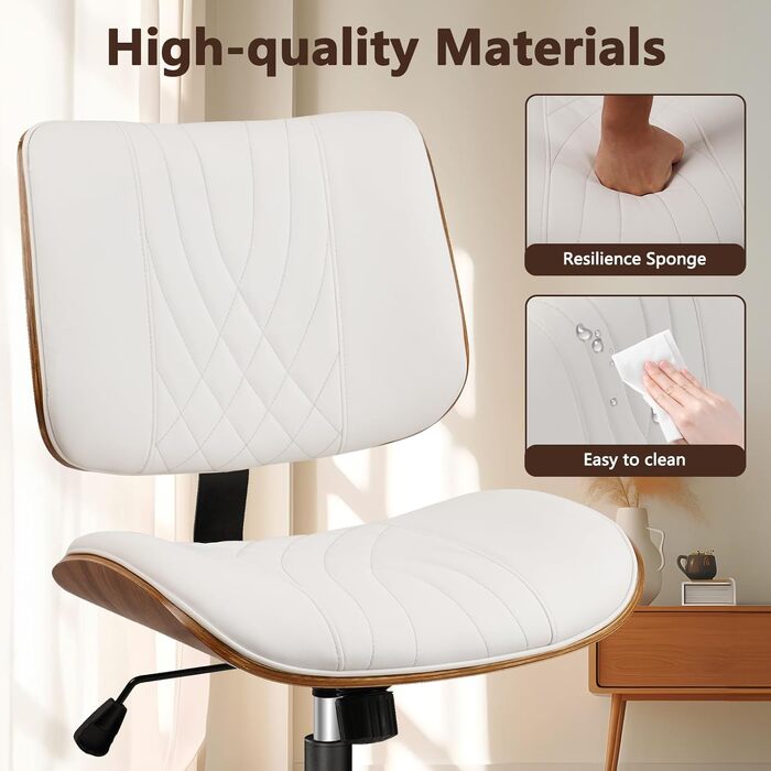 Крісло офісне без підлокітників Clatina з роликами, регульоване по висоті, шкіряне, поворотне, для комп'ютера, середньою спинкою, сучасний стиль горіхового дерева, для дому, офісу, конференц-залу, білий, 1 шт.