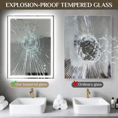 Дзеркало для ванної кімнати з підсвіткою 80x60 см, LED дзеркало з 3 кольорами світла, регульована яскравість, захисне скло, сенсорне управління, функція пам'яті, запобігання запотіванню, 60L x 80B cm