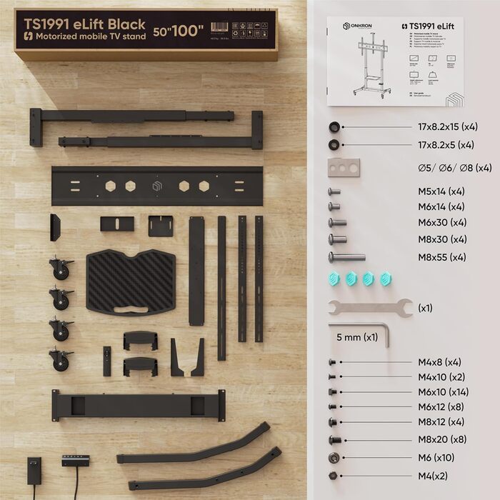 ONKRON Телевізійна тумба на колесах для телевізорів 50-100 дюймів, електрична, з підйомом, max 130 кг, VESA 1000x600, чорна TS1991E-B