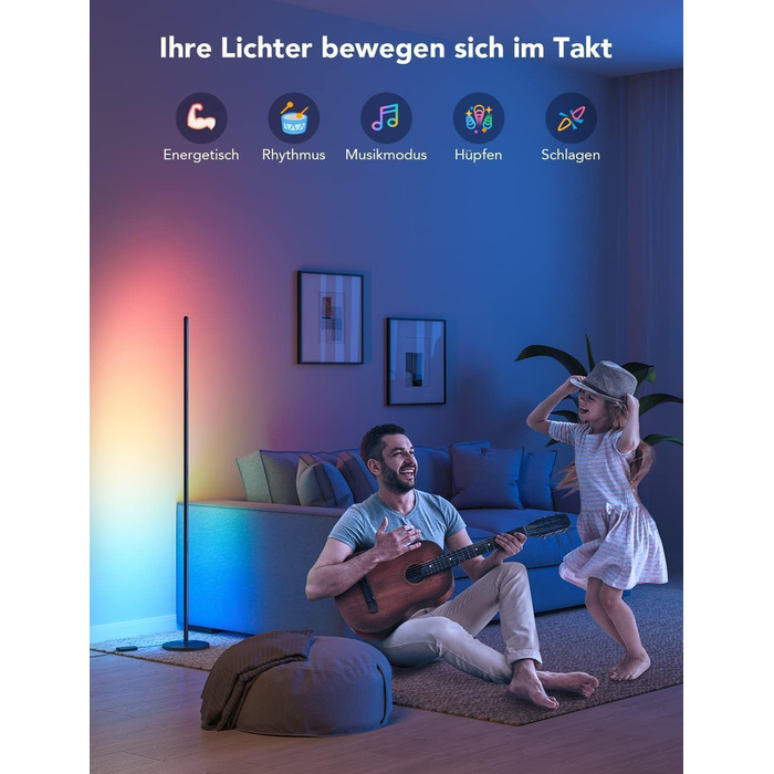 Govee RGBIC LED Торшер WiFi, Димування, Alexa/Matter, 16 млн кольорів, 85 режимів, Музичний режим, DIY, Чорний