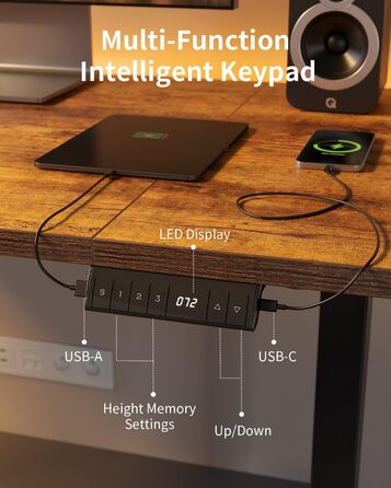 FEZIBO Регульований стіл за висотою з USB-A та USB-C портами, електричний, ергономічний, для дому та офісу (160 x 80 см, коричневий)