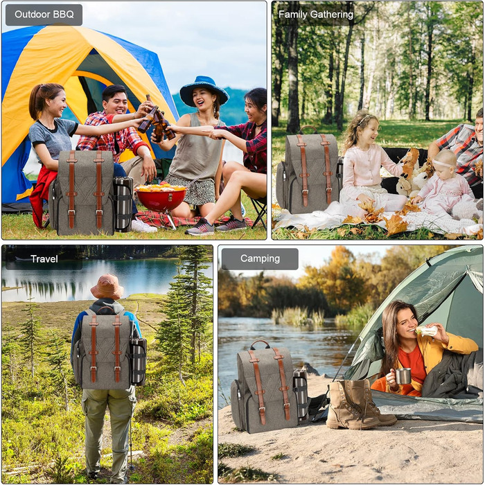 Набір для пікніка на 4 особи з великою ізольованою сумкою-холодильником, набір посуду для пікніка з мішком для вина, водонепроникний плед та набір столових приборів. Ідеально для пляжу, подарунок на весілля для пар.