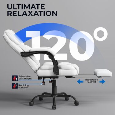 Ергономічне крісло Yaheetech для офісу, для начальника з підставкою для ніг, регульовані підлокітники, комп'ютерне крісло з високою спинкою, біле