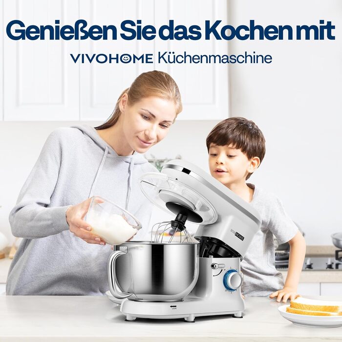 Кухонна машина VIVOHOME 5.7L з місткістю 5.7 літрів, потужністю 660W, 10 швидкостей, функцією імпульсу, для замішування тіста, з бризковим захистом, містить гак для тіста, вінчик та роздільник яєць (срібна)