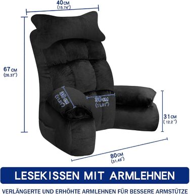 Підкуштунок для ліжка та дивана, подушка для спини, зручний підкуштунок з підлокітником для дорослих, 67*30 см (Чорний)