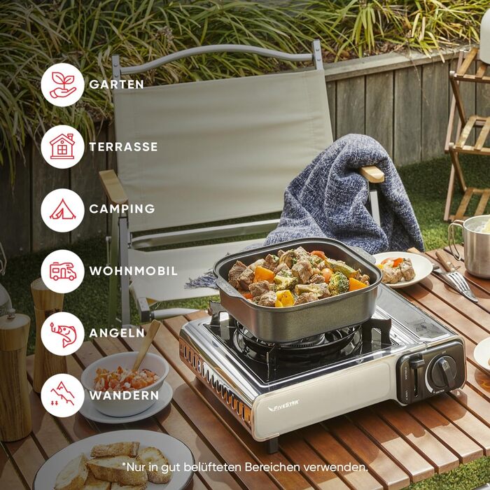 Газовий наметний газовий нагрівач Gaskocher з 1 пальником, Piezo-запалюванням та грилем BBQ 38 см, 2.2 кВт