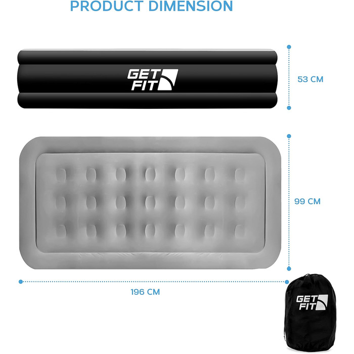 Надувне ліжко Get Fit з вбудованим електричним насосом 152x203 см Двоспальне надувне ліжко преміум-класу надувне ліжко з піднятою подушкою піднятий надувний надувний матрац для вулиці, кемпінгу, наметів (одномісний - 99x196 см, чорний/сірий)