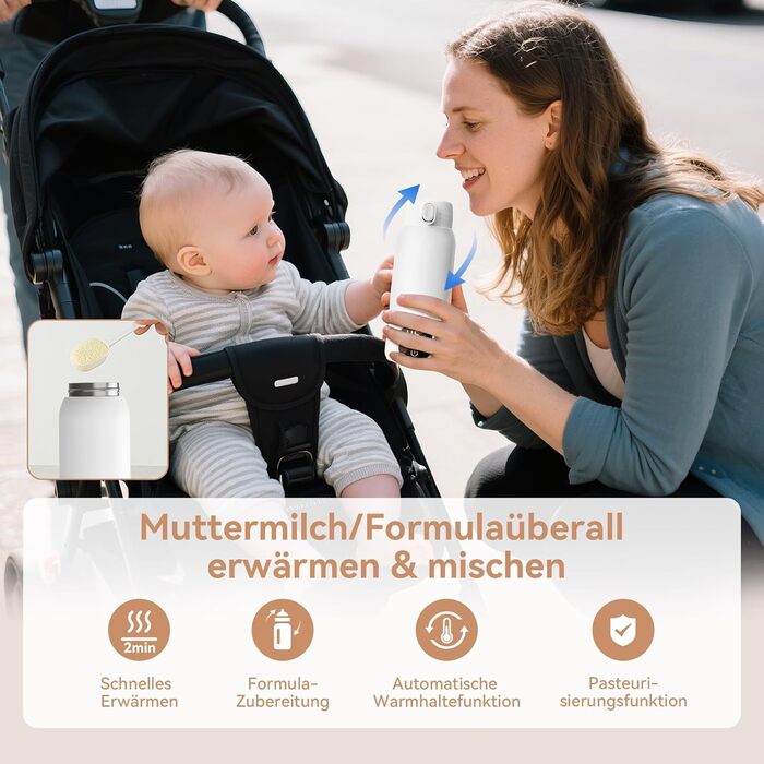 Портативний підігрівач для пляшечок з дитячим харчуванням, 500 мл – швидкий нагрів за 3 хв, тривалий час роботи акумулятора, підтримання температури до 24 год для грудного молока, суміші та води (Сніжно-білий)