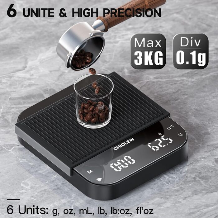 Електрична кавова вага CHICLEW з таймером, 3 кг/0,1 г, для еспресо та Pour-Over, 3 режими, 6 одиниць вимірювання, портативна, з датчиком сили тяжіння, чорна