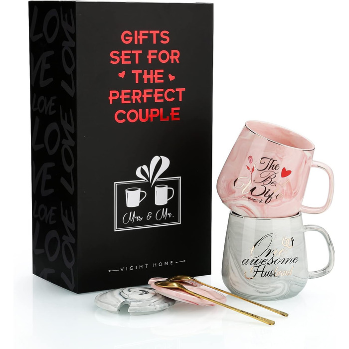 Набір кавових чашок для пари: подарунок на весілля, заручини, для наречених, 370 мл, кераміка-мрамор, овальні