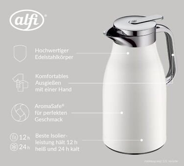 Термос Alfi SKYLINE 1,5л, кокосовий білий матовий, з нержавіючої сталі, з гігієнічним скляним вкладишем, з поворотним кришкою та зручною кнопкою, ергономічна ручка, для однієї руки, ідеальний як кавоварка 1500 мл Coconut White Mat