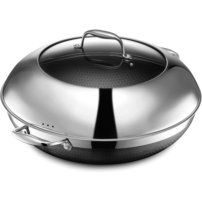 HexClad вок 35 см з нержавіючої сталі з антипригарним покриттям, ручка Stay Cool, сумісний з усіма типами плит, PFOA free, можна мити в посудомийній машині та використовувати в духовці