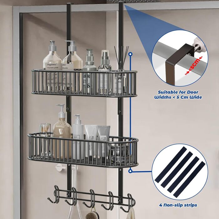 Настінна поличка для душу без свердління, чорна, для скляних душових кабін, регульована висота, 3 гачки, для шампуню та гелю для душу