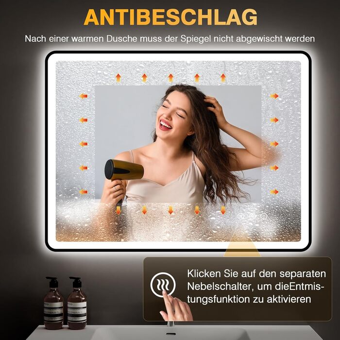 LED дзеркало для ванної кімнати 80x60 см з підсвічуванням, диммер, протитуманне покриття, 3 кольори світла, IP44, функція пам'яті, горизонтальний/вертикальний монтаж