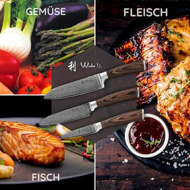 Набір кухонних ножів Wakoli EDIB з магнітним блоком | 3 ножі з дамаської сталі (8,5-17см) з VG10-сердечником, дерев'яні ручки, для овочів та м'яса