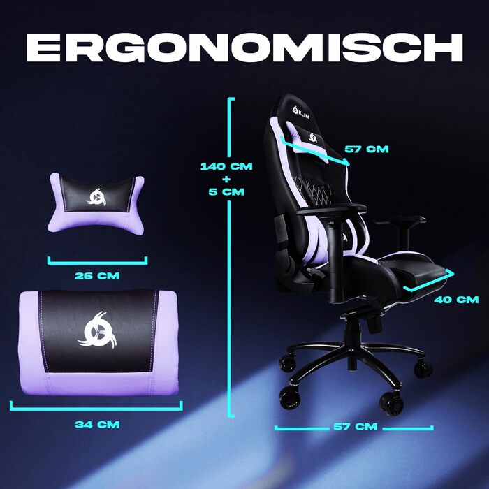 Ігровий крісло KLIM Esports з 4D підлокітниками, 170 кг, регульована спинка, ергономічний дизайн з подушками для голови та попереку, тихі колеса (фіолетовий)