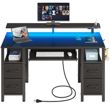 Ігровий стіл Seventable з LED підсвіткою, розетками та USB портами, висувними ящиками, підставкою для клавіатури та монітора - чорний, 140 см