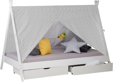 Дитяче ліжко Homestyle4u Tipi 90x200 см з ящиками, біле, з наметом, зірки, з дерева (сосна)