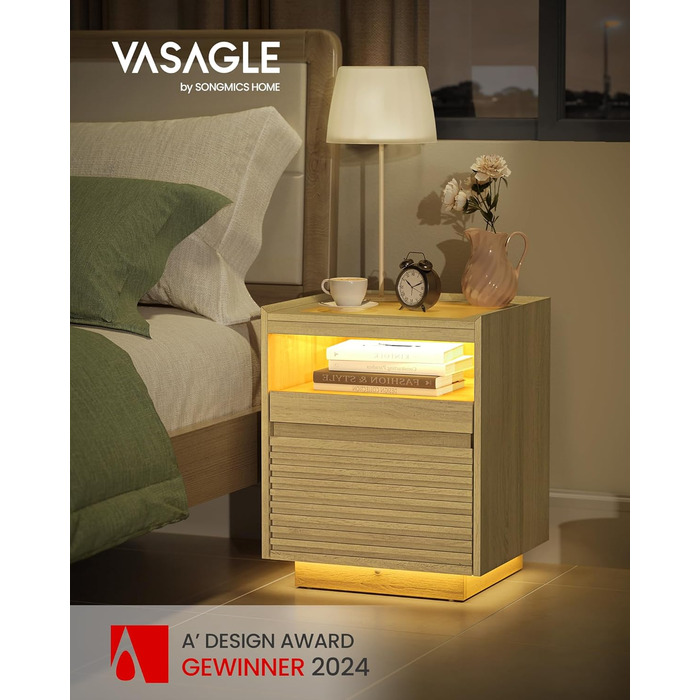 VASAGLE приліжкова тумба з LED-підсвіткою, висувною полицею та шухлядою, з датчиком руху, 3 кольори світла, для спальні, натуральний дуб LET614Y70