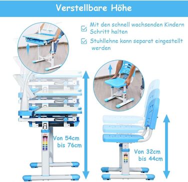 Дитячий стіл COSTWAY регулюється по висоті, Письмовий стіл для учнів з лампою, Дитячі меблі з регулюванням нахилу, Дитячий стіл зі стільцем, Письмовий стіл з ящиком, Вибір кольору (світло-блакитний)